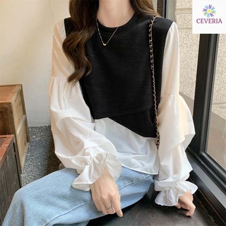 Áo dệt kim nữ mùa thu thời trang tay bồng giả sơ mi kiểu Hàn Quốc - Trẻ trung, đáng yêu,kiểu Hàn quốc hiện đại-cổ tròn