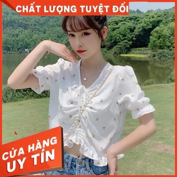 [Áo croptop nữ] áo kiểu nữ tay phồng hoa nhí nữ tay ngn cổ v sang chảnh áo kiểu ྇