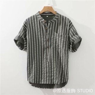 Áo sơ mi vải lanh sọc Nhật Bản 3 màu M-3XL Cổ đứng Áo sơ mi nửa tay Áo sơ mi vải lanh Cotton Áo sơ mi sọc dọc Áo sơ mi dáng rộng Áo sơ mi chui đầu