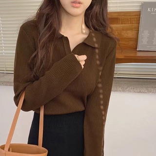 Phong Cách Hàn Quốc Nữ Nữ Thu Đông Mỏng Dệt Kim Dệt Kim Đan POLO Cổ Áo Dài Tay Áo Sơ Mi Áo Baju Baju Wanita Lengan Panjang