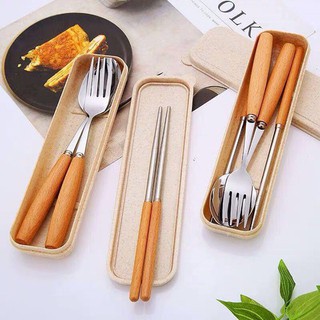 Bộ Muỗng Đũa Inox Cán Gỗ Hộp Đựng Lúa Mạch Sang Trọng