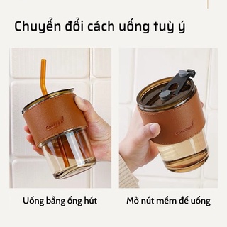 Cốc thuỷ tinh màu hổ phách vỏ da có nắp tặng kèm ống hút, ly uống nước đẹp sang chảnh { H }