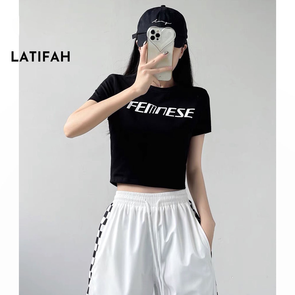 Áo thun croptop tay lỡ Latifah in chữ FEMNESE AT013 chất vãi dày dặn co giãn 4 chiều