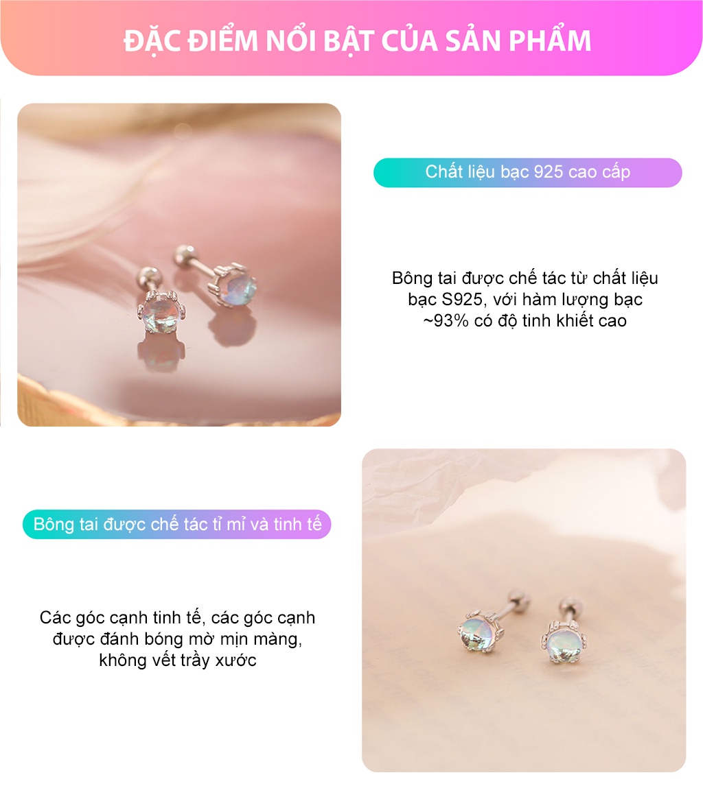 Mô tả Bông tai bạc nữ Miêu Bạc khuyên tai đính đá mặt trăng 1 chiếc moonstone chốt vặn chất liệu bạc S925 MB37 - 3