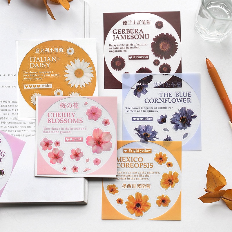 Sticker vintage trang trí sổ bullet journal scrapbook nhật kí album chống nước PVC HD60-K60 3 tấm dán hoa nghệ thuật.