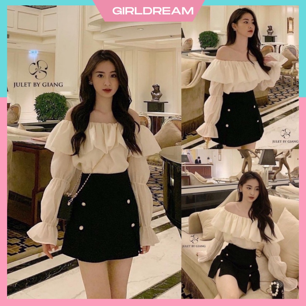 Set Áo Trễ Vai Tay Bồng 2 Lớp Phối Chân Váy Cúc Hàng Cao Cấp Hottrend 2022  Girldream | Shopee Việt Nam