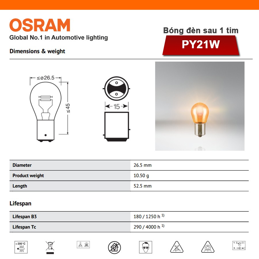 Combo 2 Bóng Đèn Sau 1 Tim Halogen OSRAM Original Dùng Cho Xe Ô Tô Chân PY21W 12V 21W 7507-02B (BAU15S) (Chân Xéo) Vàng