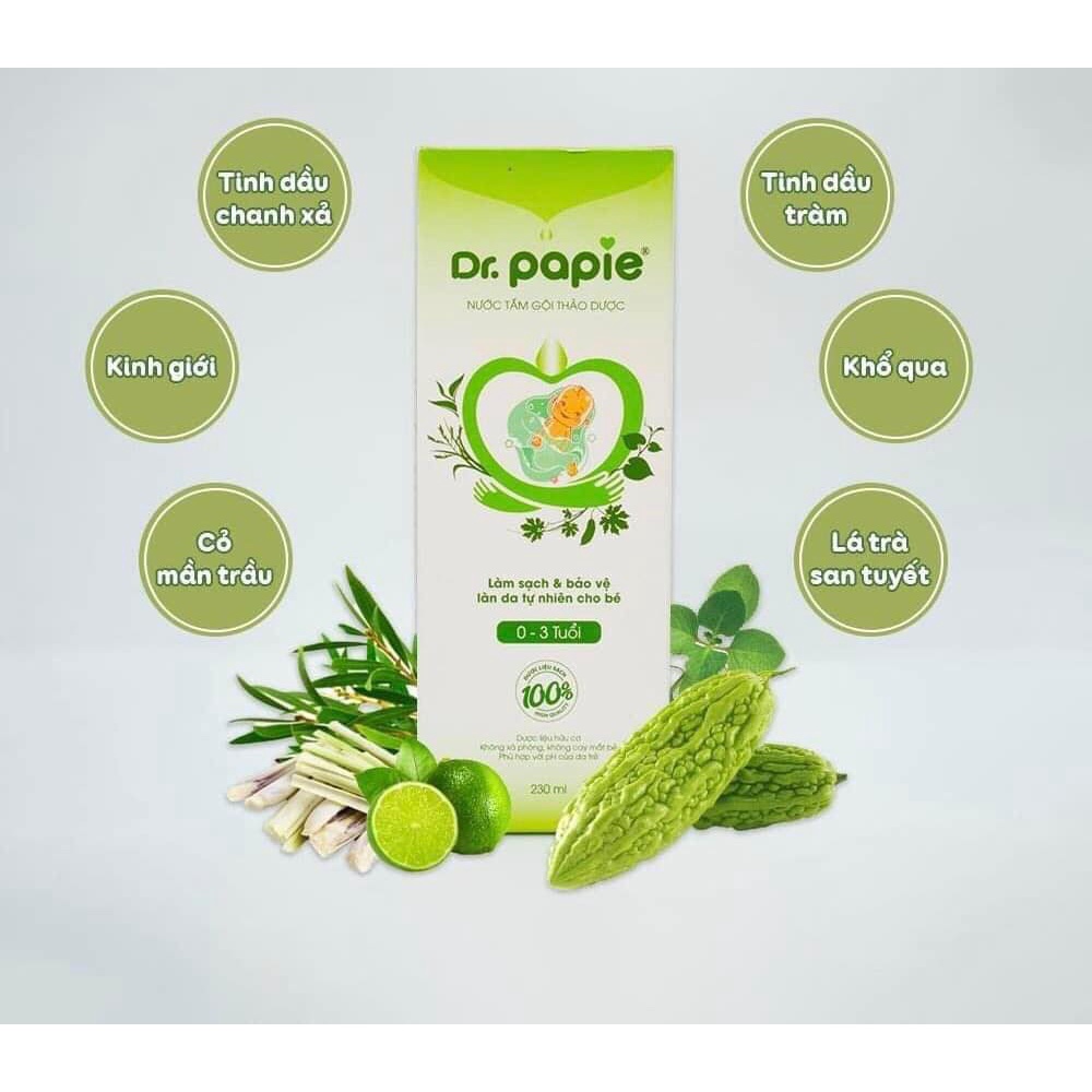 Nước Tắm Thảo Dược Dr Papie Giúp Giảm Mẩn Ngứa Và Rôm Sảy, Hỗ Trợ Làm Sạch, Mát Da Bé - Chai 230ml