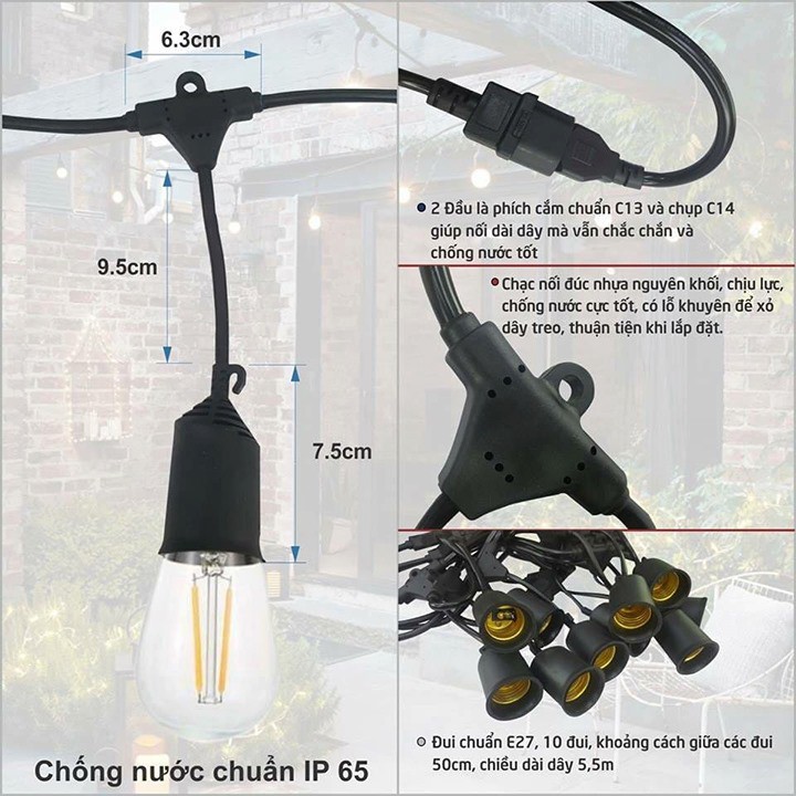 Ảnh Dây đèn trang trí MONSKY chống nước 100% ngoài trời đui chuông chống nước loại chuẩn IP65 1