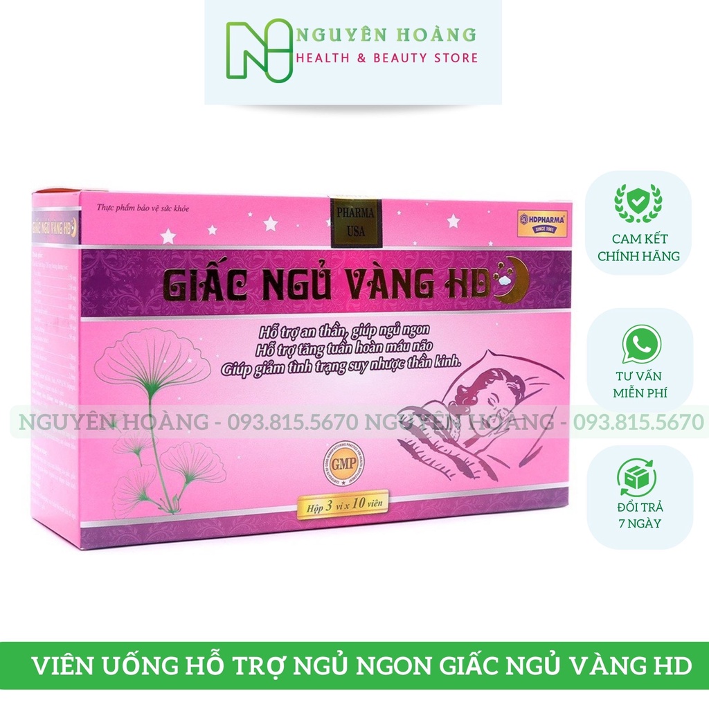 Viên uống ngủ ngon GIẤC NGỦ VÀNG HD giảm mất ngủ, hỗ trợ thần kinh, giúp ngủ sâu giấc, yên giấc, dễ ngủ- hộp 30 viên