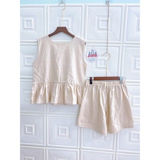 JUNE LINEN S03-Set LINEN - Áo sát nách bèo lai + short. Hình và video shop tự chụp/quay