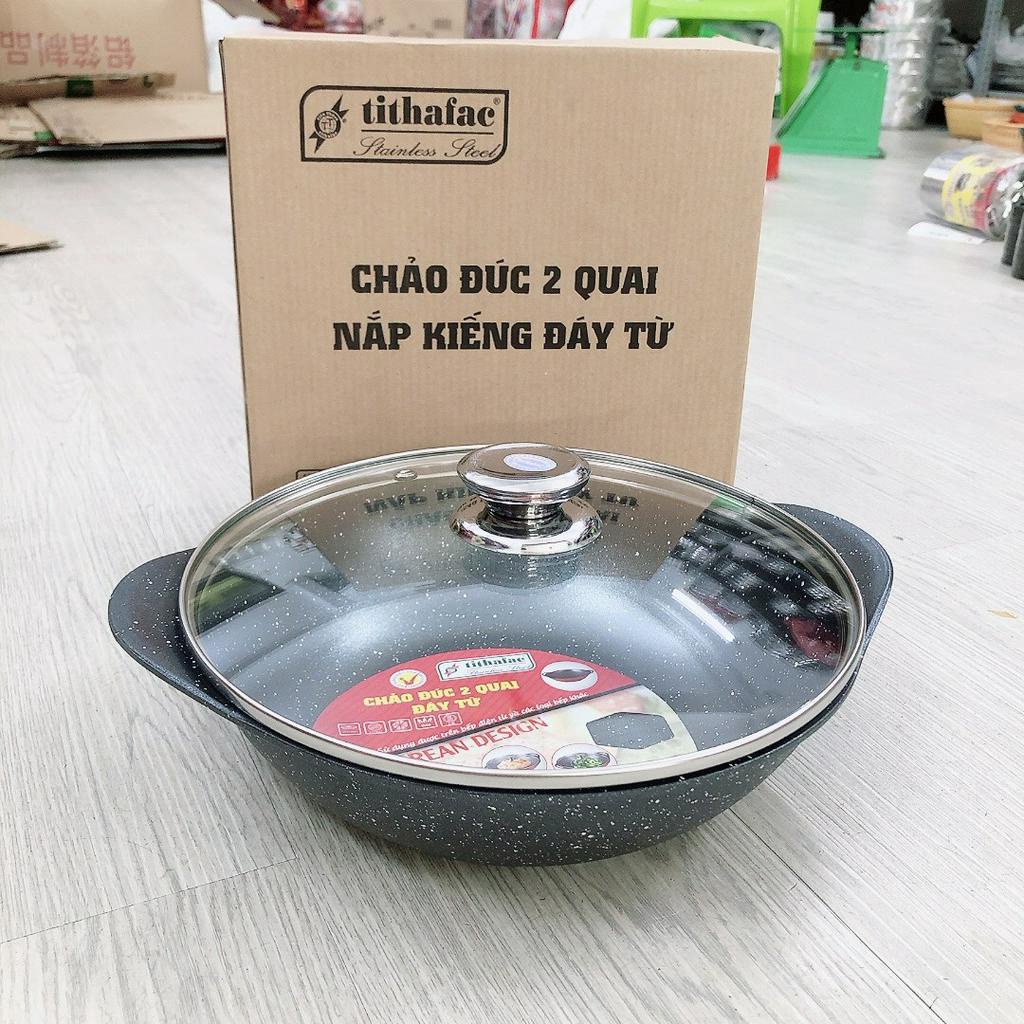 Chảo vân đá đúc 2 quai nắp kính tithafac 24cm - chảo 2 quai