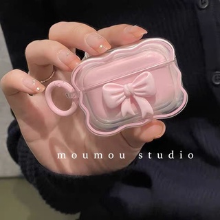 [Lilyrose Store] Miếng bảo vệ AirPods cho AirPods 4 2024 AirPods 1 2 3 Pro Pro Pro2 Nơ màu hồng trong suốt có móc hình tròn