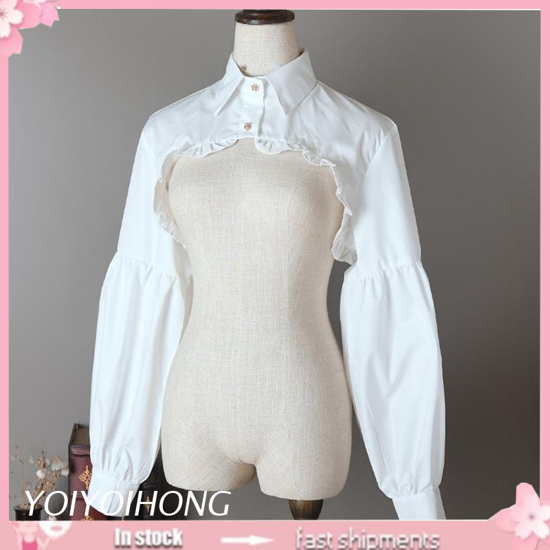 Cổ áo sơ mi giả tay phồng dài viền bèo cài nút vàng có thể tháo rời trang trí áo sweater cho nữ