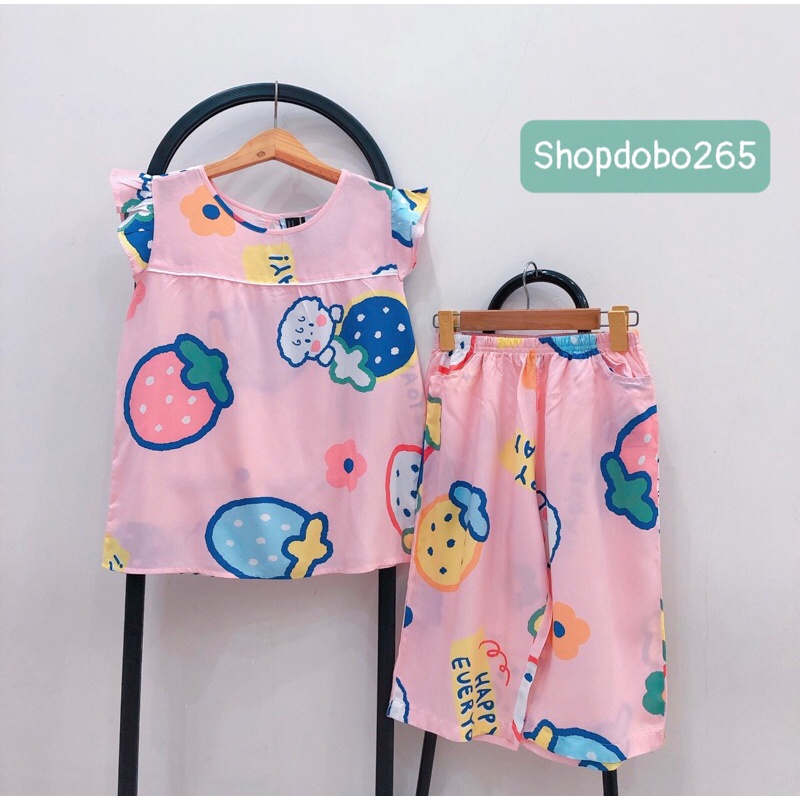 Đồ bộ lanh lửng mặc nhà tay cánh tiên phối viền chất mềm,mịn,mát hoạ tiết dễ thương size 45-65kg.