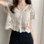Pealike Nữ Tay Ngắn Ren Shrug Rỗng Móc Nút Sheer Crop Cardigan Cho Jack