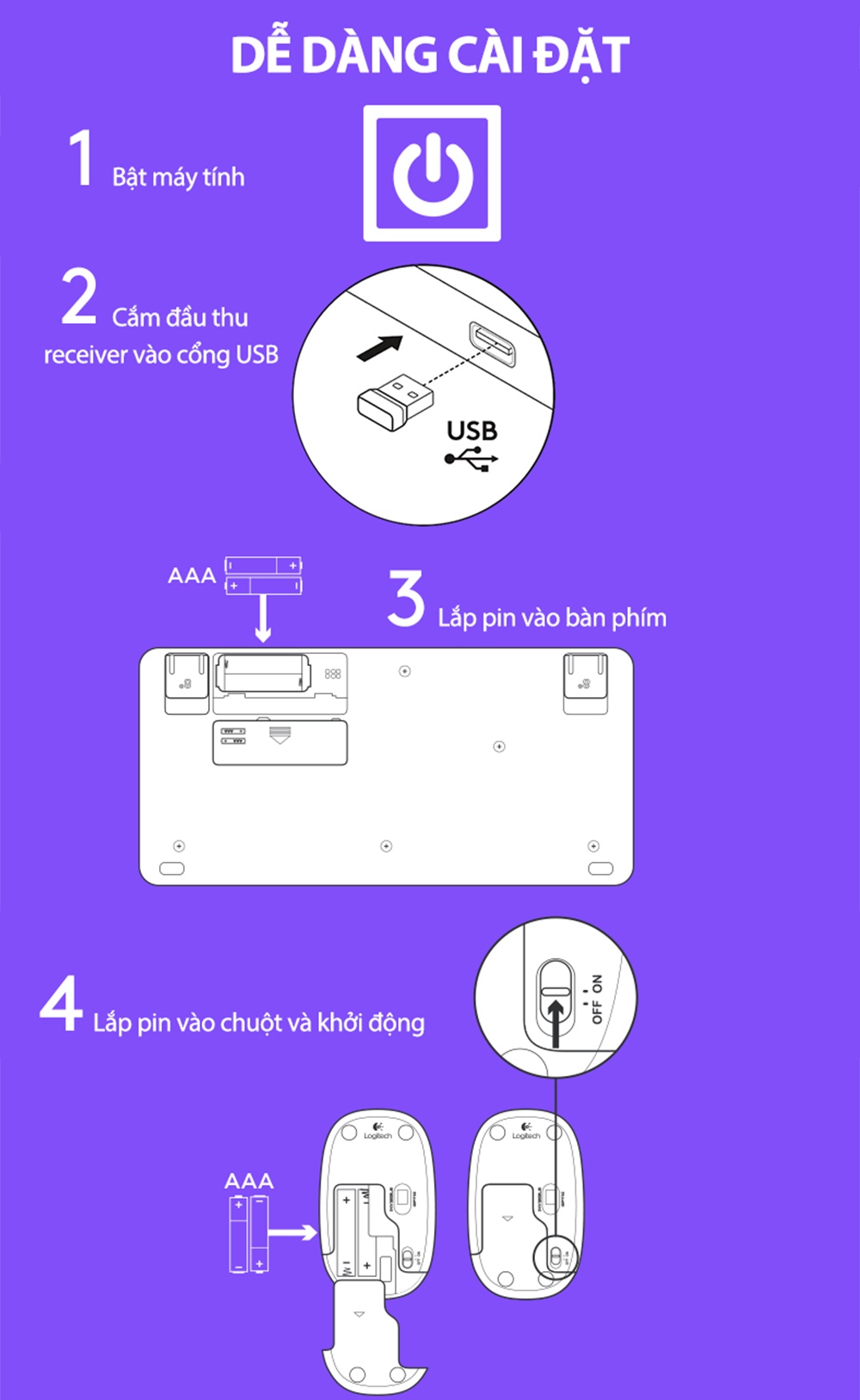 Mô tả Combo chuột phím không dây Logitech MK240 - nhỏ gọn, 1 đầu thu USB, pin lâu - 6