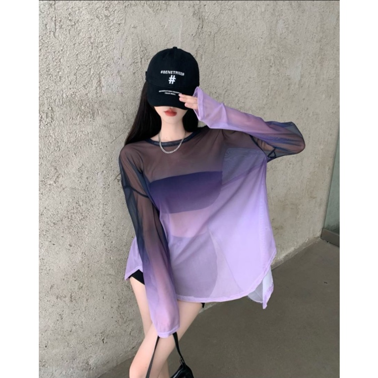 Milyfashion Gradient Ice Silk Kem Chống Nắng Mùa Hè Pure Desire Hot Girl Gợi Cảm Dây Mỏng Xuyên Qua Tay Dài T