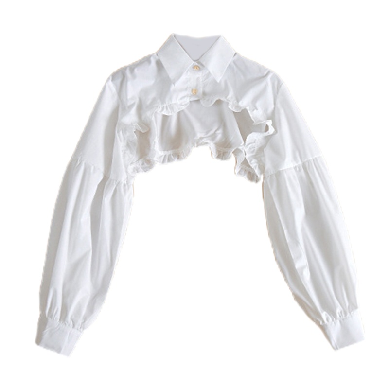Cổ áo sơ mi giả tay phồng dài viền bèo cài nút vàng có thể tháo rời trang trí áo sweater cho nữ