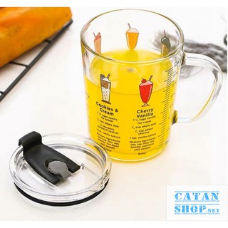 Cốc Thuỷ Tinh Hoạt Hình Pha Sữa Cho Bé, Ly Thủy Tinh Chia Vạch 350ml Nắp Đậy Kín Kèm Ống Hút