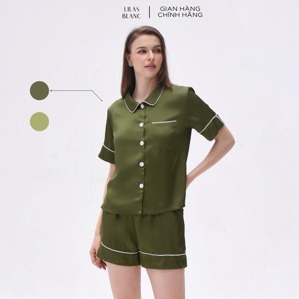 Bộ Pyjamas Nữ Mặc Nhà Áo Cộc Quần Cộc Chất Liệu Lụa Nhiều Màu Phối Viền Trắng Summer Basic LILAS BLANC spe