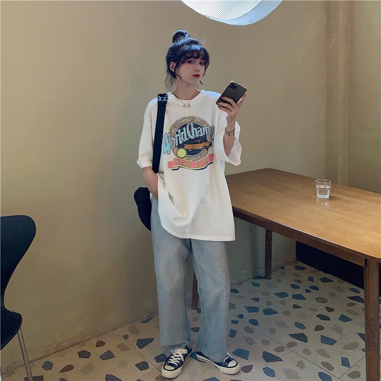 Áo Thun Nữ HappyFamily Nữ Tay Lỡ Form Rộng Tes Sắc Trắng WorldChamps Chất vải cotton 100 cao cấp