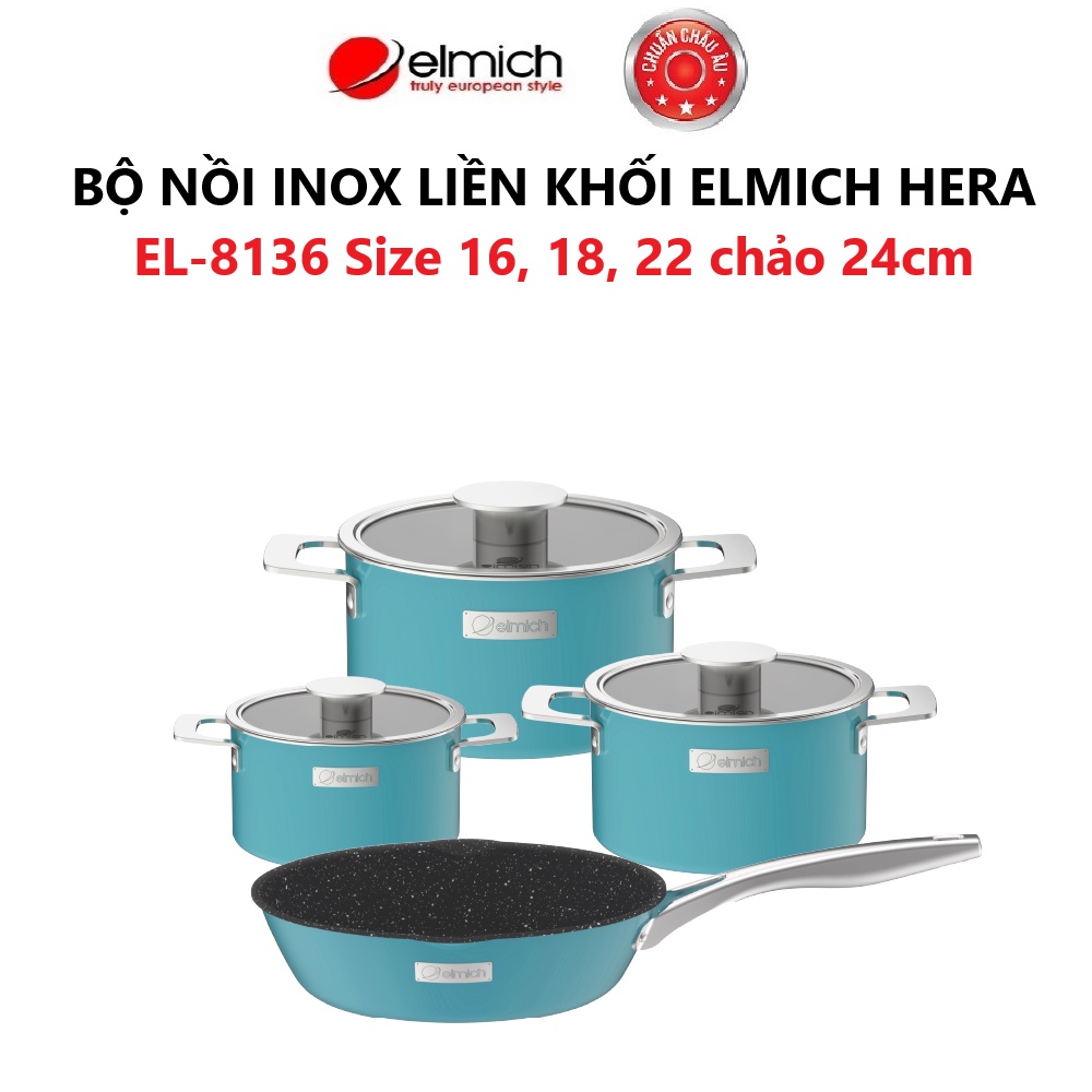 [LIFEMCMBP4 -12% đơn 250K] Bộ nồi Inox liền khối Elmich Hera Size 16, 18, 22, chảo 24cm