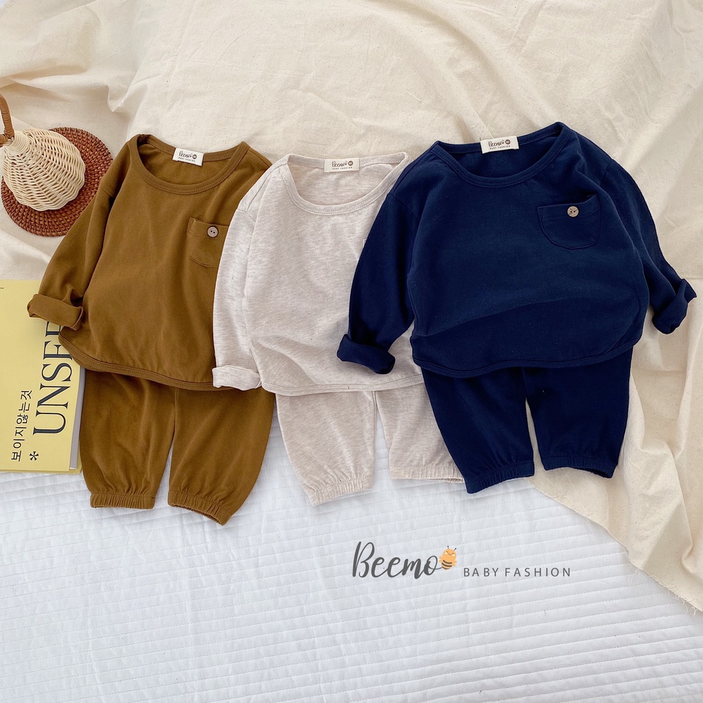Set bộ quần áo dài tay Beemo kiểu basic chất cotton phối túi ngực đính cúc cho bé trai, bé gái từ 1 đến 6 tuổi 22199B