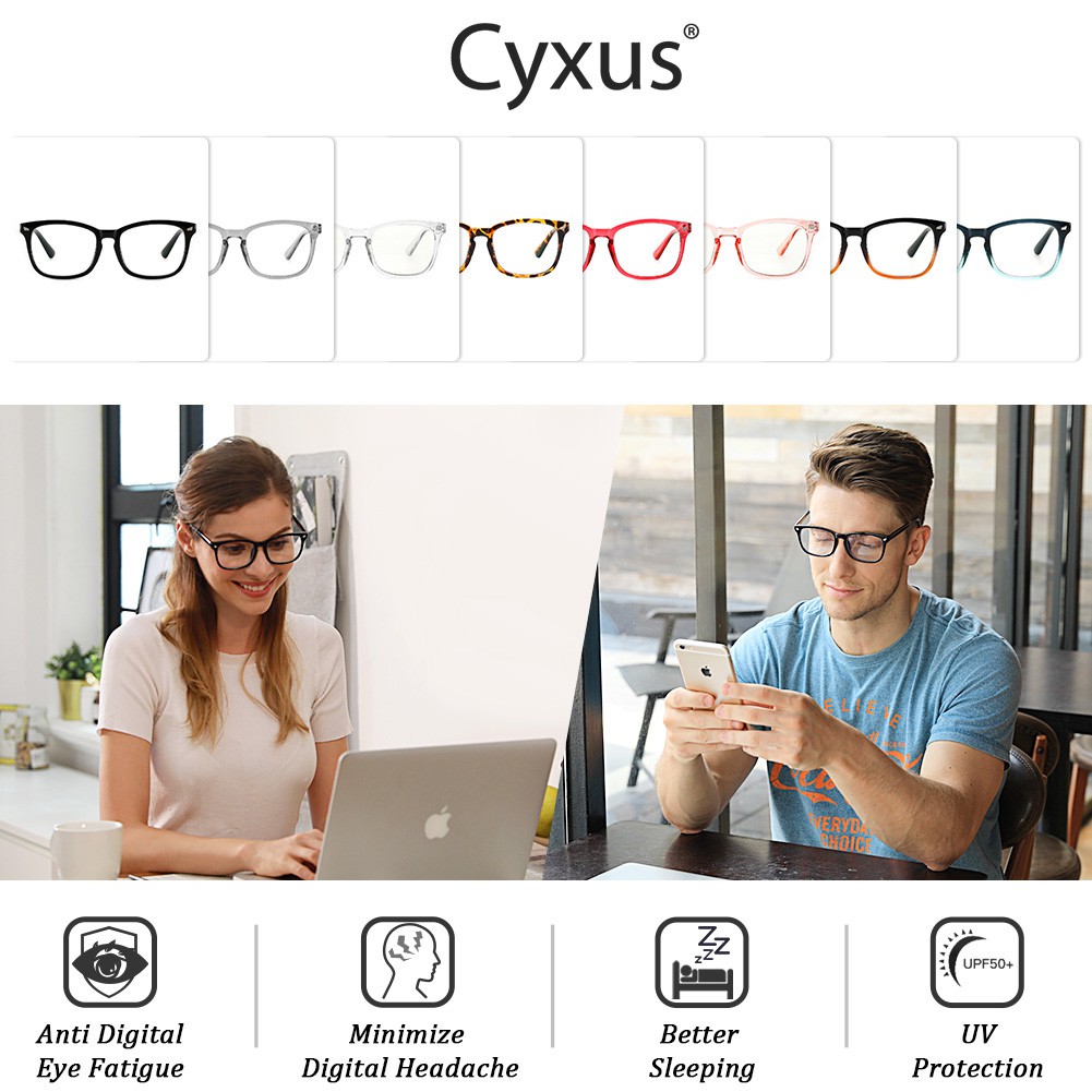 Cyxus Kính Chống Ánh Sáng Xanh Thời Trang Gọng Vuông Lọc Tia UV Giảm Mỏi Mắt Cho Máy Tính Cho Nam Nữ 8082