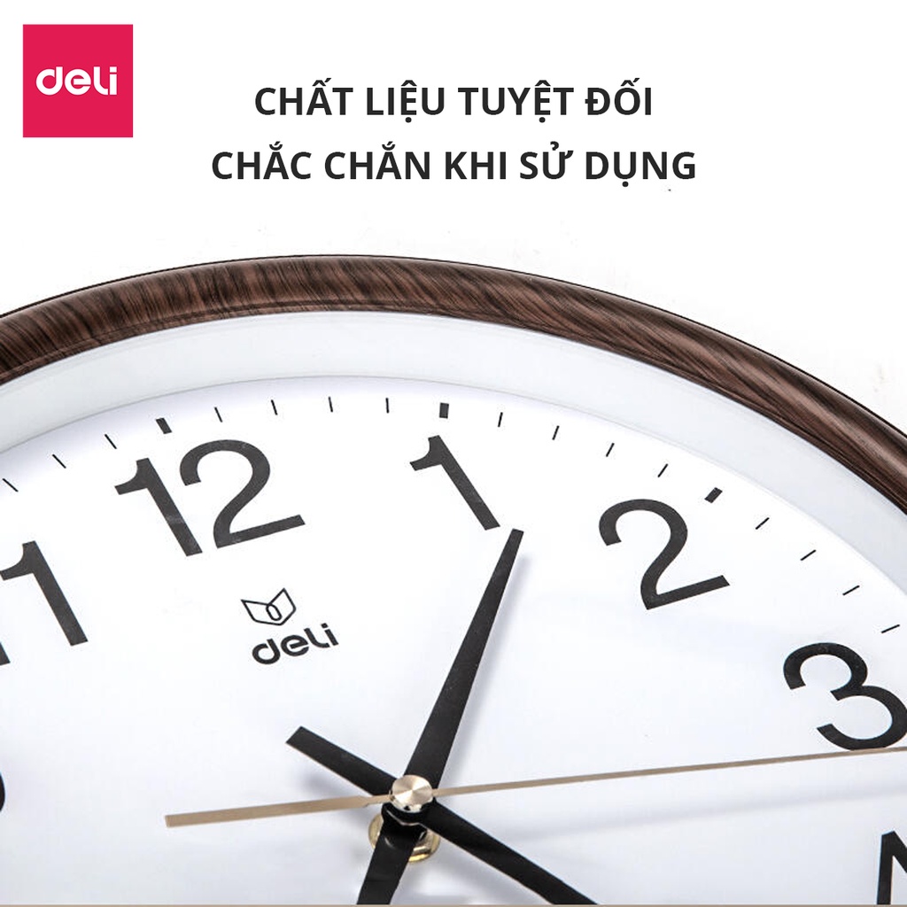 Đồng Hồ Treo Tường Vân Gỗ Cao Cấp Deli Kèm móc treo, Kim trôi Không Ồn 8842