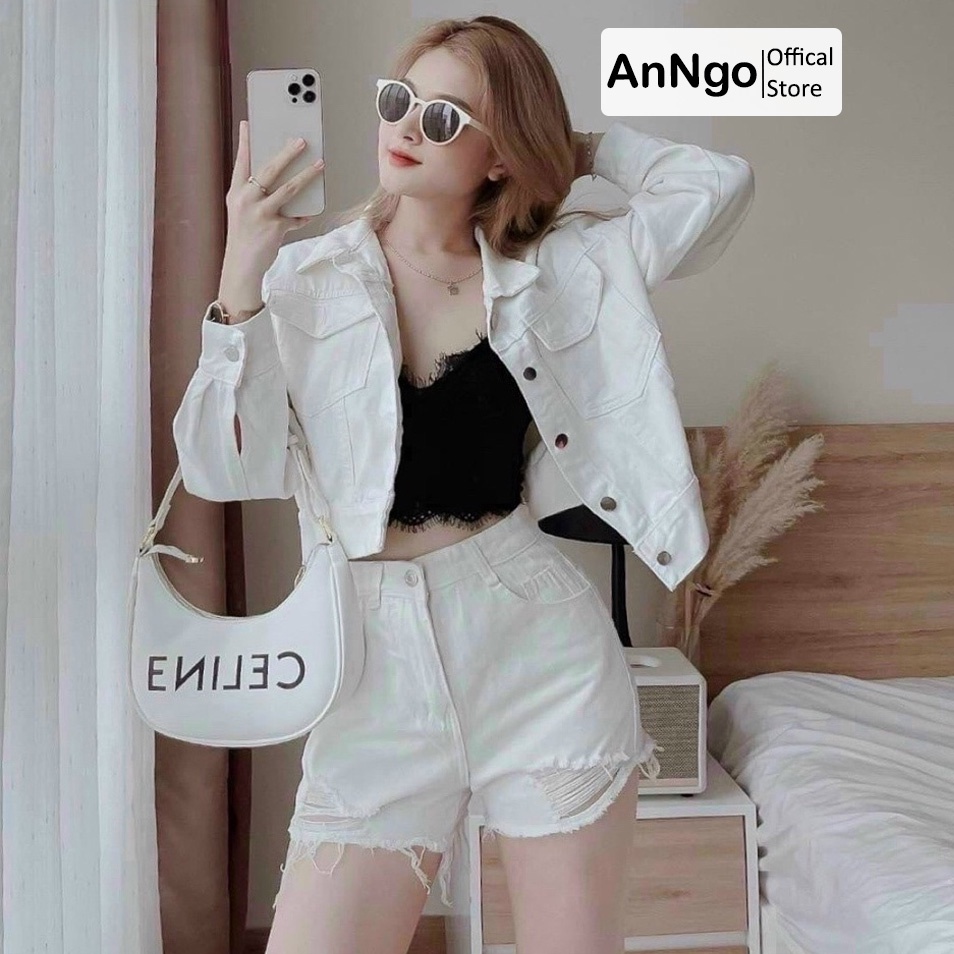Quần short jean nữ trắng vải denim rách bền đẹp dễ phối đồ AnNgo - AT199A