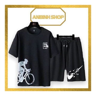 Set Bộ quần áo thể thao nam mẫu mới in hình chạy xe đạp trẻ trung chất thun mè co dãn thấm hút tốt
