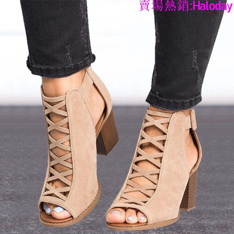 Size Lớn 35-43✨2021 Chunky Gót Cao Gót La Mã Miệng Cá Rỗng Kích Thước Lớn 35-43 Khóa Dây Đeo Dép Thoải Mái Chuyên Nghiệp OL Giày Nữ Công Sở Thời Trang Hợp Thời Trang