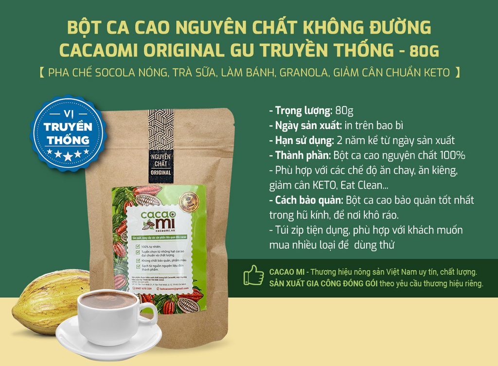 Mô tả Bột cacao 100% nguyên chất không đường Thức uống sô cô la chuẩn ăn kiêng Keto CACAOMI Original 80g - 1