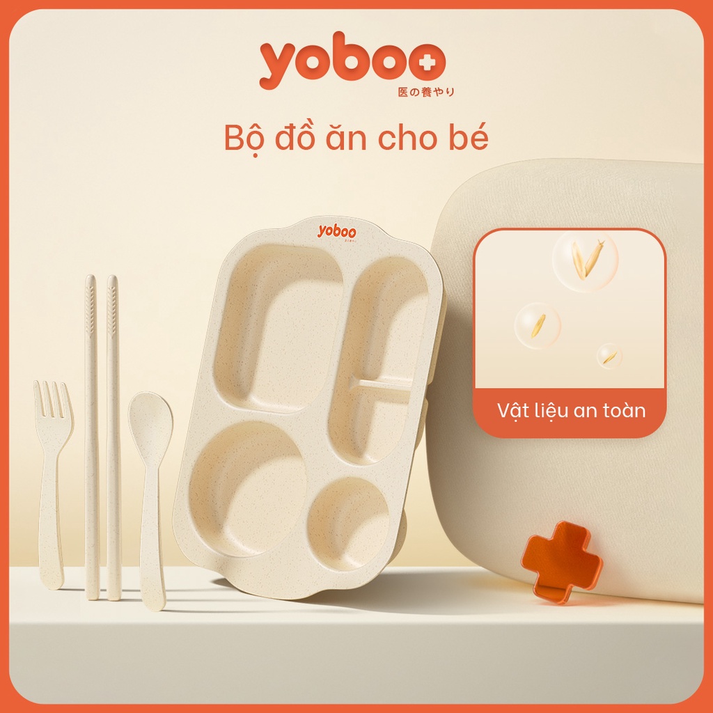 Mô tả Khay tập ăn dặm cho bé Yoboo YB-0031 kèm thìa, muỗng, đũa, chất liệu lúa mạch dùng được cho lò vi sóng - Hàng chính hãng - 1