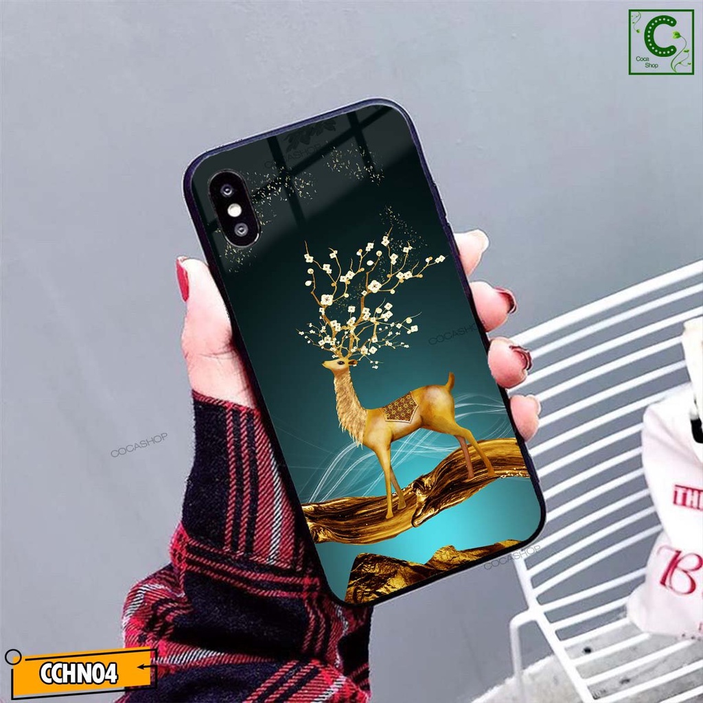 Ốp lưng iphone mặt kính cao cấp - Hươu vàng lộc lá cùng hoa - 6/6plus/6s/6splus/7/7plus/8/8plus/x/.....