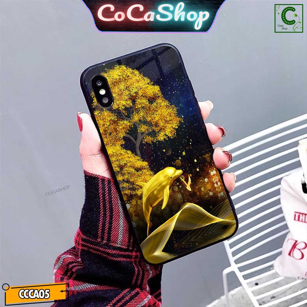 Ốp lưng iphone mặt kính cao cấp - Cá heo vàng bên cây kim tiền may mắn  - 6/6plus/6s/6splus/7/7plus/8/8plus/x/.....