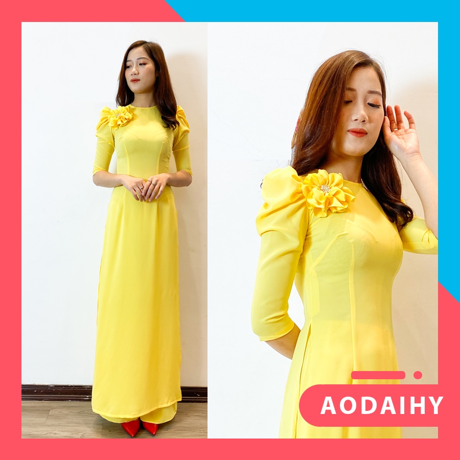 Áo Dài Thiết Kế Tay Bồng Ngực Gắn Hoa Màu Vàng Chanh | Áo Dài Yến Hải | A4  | Shopee Việt Nam