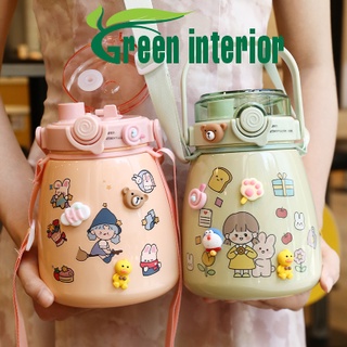 Bình nước giữ nhiệt Greeninterior 880ml, bình đựng nước cute có ống hút, inox 304 cao cấp kèm hình dán 3D Màu Hồng