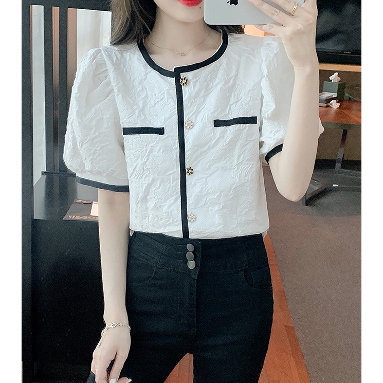 Áo xốp hoa gấm đen trắng tay phồng cổ tàu A041 sơ mi công sở freesize tiểu thư