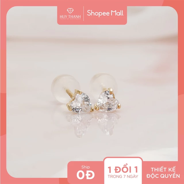 Bông Tai Vàng Vàng Tây Thiết Kế Họa Tiết Hình Trái Tim Đính Đá CZ Lấp Lánh BTAM42 Huy Thanh Jewelry