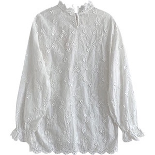 Áo Sơ Mi cotton Dài Tay Cổ Cao Phối Ren Phong Cách Hàn Quốc baju baju wanita Lenjang