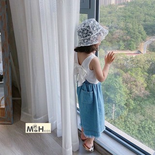 Bộ bé gái quần ống rộng, bộ bò bé gái áo đũi phối nơ lưng, bộ xinh bé gái