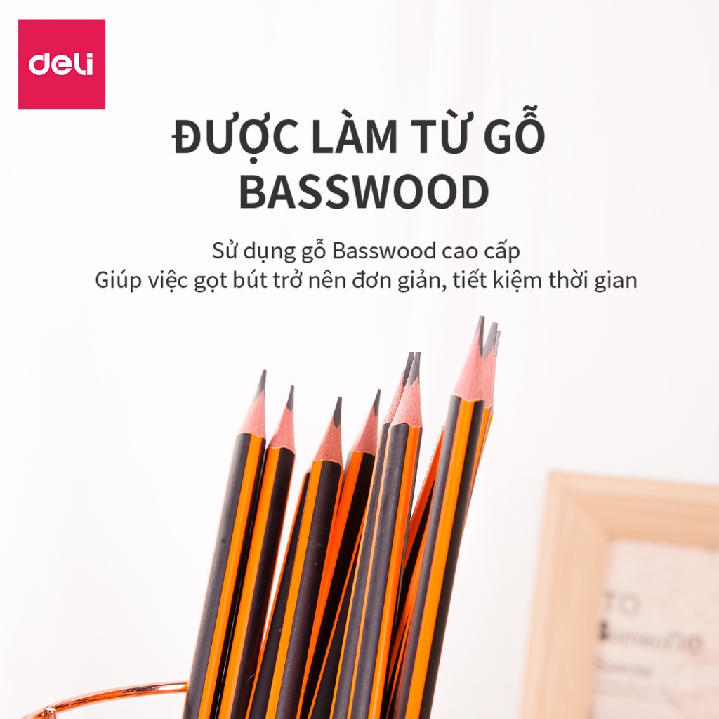 Bút Chì 2B Kèm Đầu Tẩy Deli Sọc Cam - Chì Đen Đậm, Dễ Tẩy Cho Học Sinh Dân Văn Phòng Ghi Chép Takenote Tập Viết Vẽ Tranh