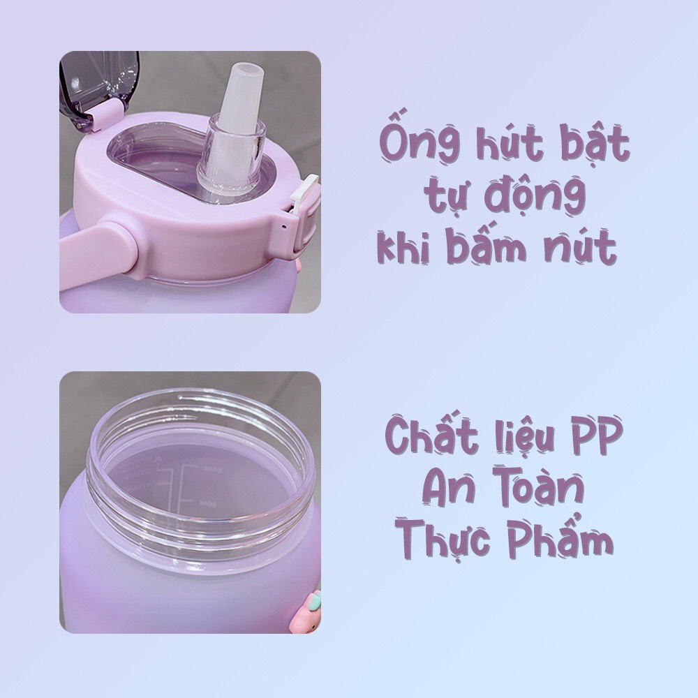 (HÀNG LOẠI 1)Bình nước 2 lít tặng Sticker dành cho người lười uống nước bình nước cute 2L có ống hút