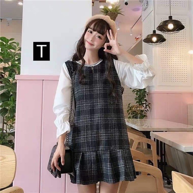 Váy kẻ phối sơmi TTV828