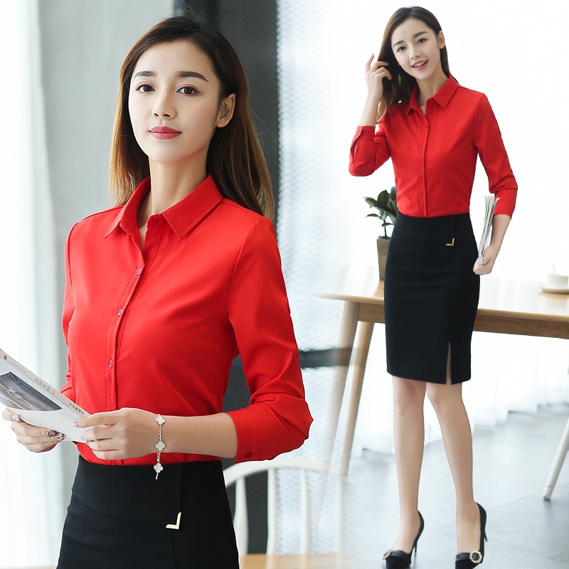 Áo sơ mi nữ dài tay màu xanh hải quân nữ công sở nữ OL Work Top Áo sơ mi