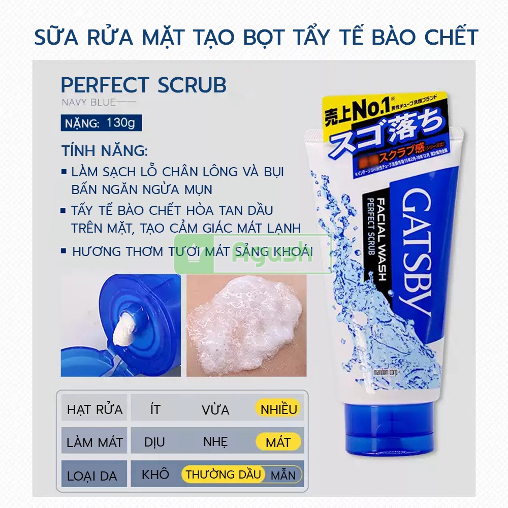 Sữa rửa mặt cho nam giới da dầu chính hãng Gatsby Facial Wash Perfect Scrub chai 130g sáng da tẩy tế bào da chết giá rẻ