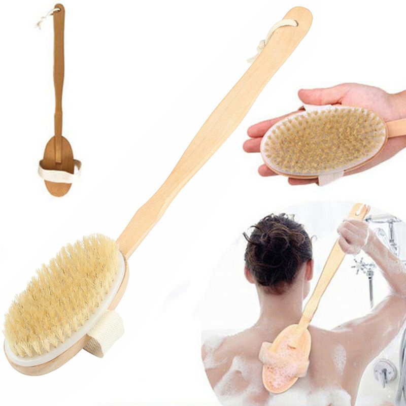 Bàn chải tắm mặt sau Scrub Bath Body Wood Làm sạch tay cầm dài Tự nhiên