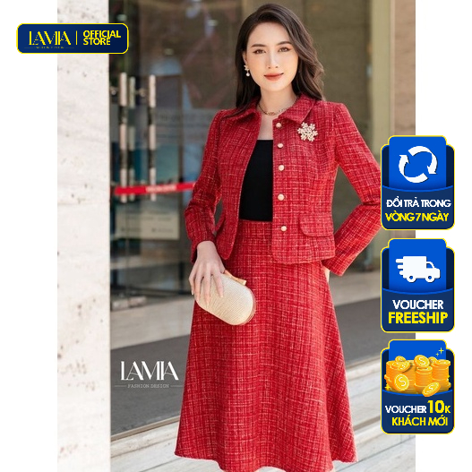 Set vest công sở nữ Lamia Design LUXE120 dạ tweed màu cam đỏ sang trọng tinh tế